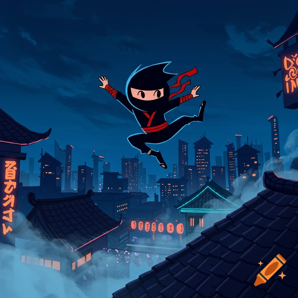 A cartoon ninja leaps over dark city rooftops with glowing signs at night.