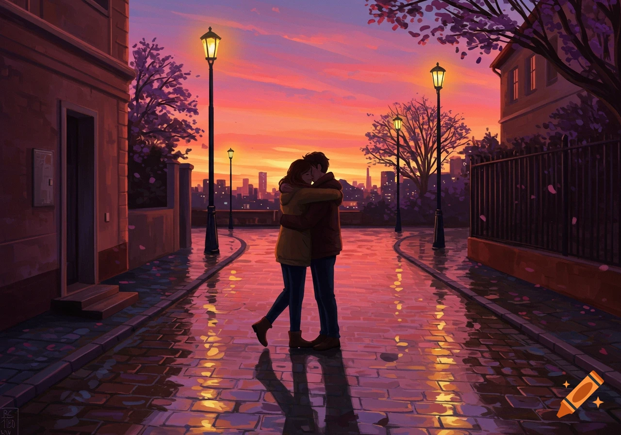 A stylized illustration of a couple hugging on a wet city street at sunset, with glowing lampposts.