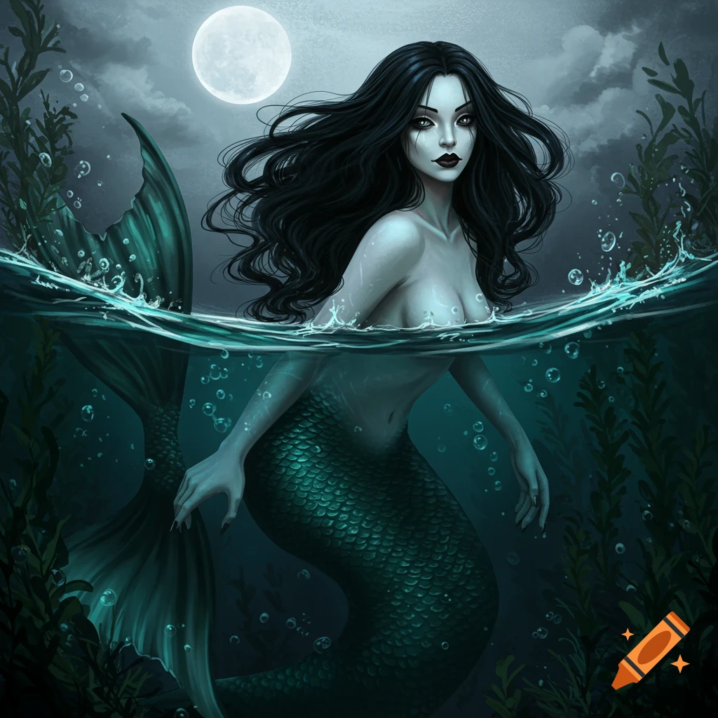 A gothic mermaid with long black hair emerges from dark water under a full moon, surrounded by aquatic plants.