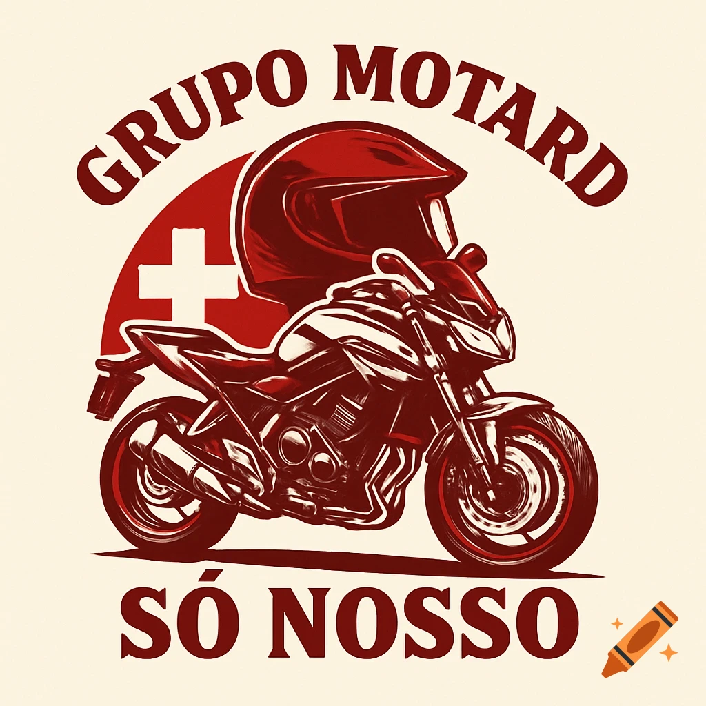 A retro-style motorcycle group logo featuring a red motorcycle, helmet, and Swiss cross on a cream background, with text 'GRUPO MOTARD S D NOSSO'.