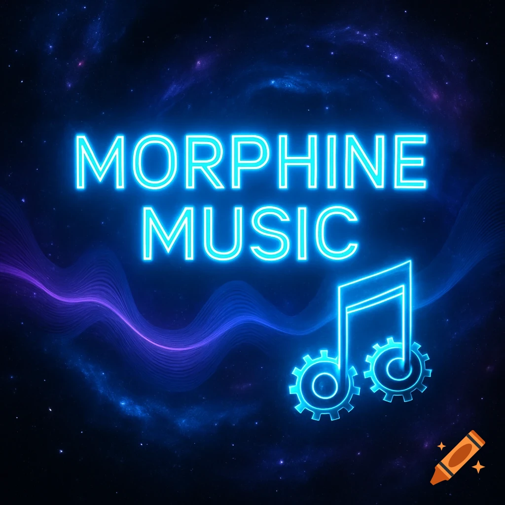 Neon blue 'MORPHINE MUSIC' text and a musical note with gears on a dark, starry nebula background.