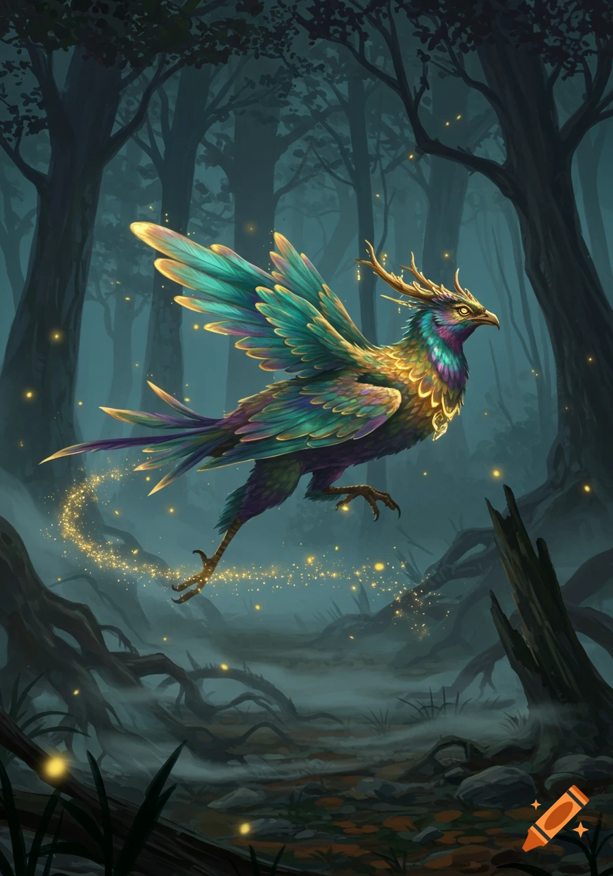 A vibrant, horned, bird-like fantasy creature with teal and gold feathers flies through a dark, misty forest with glowing golden particles.