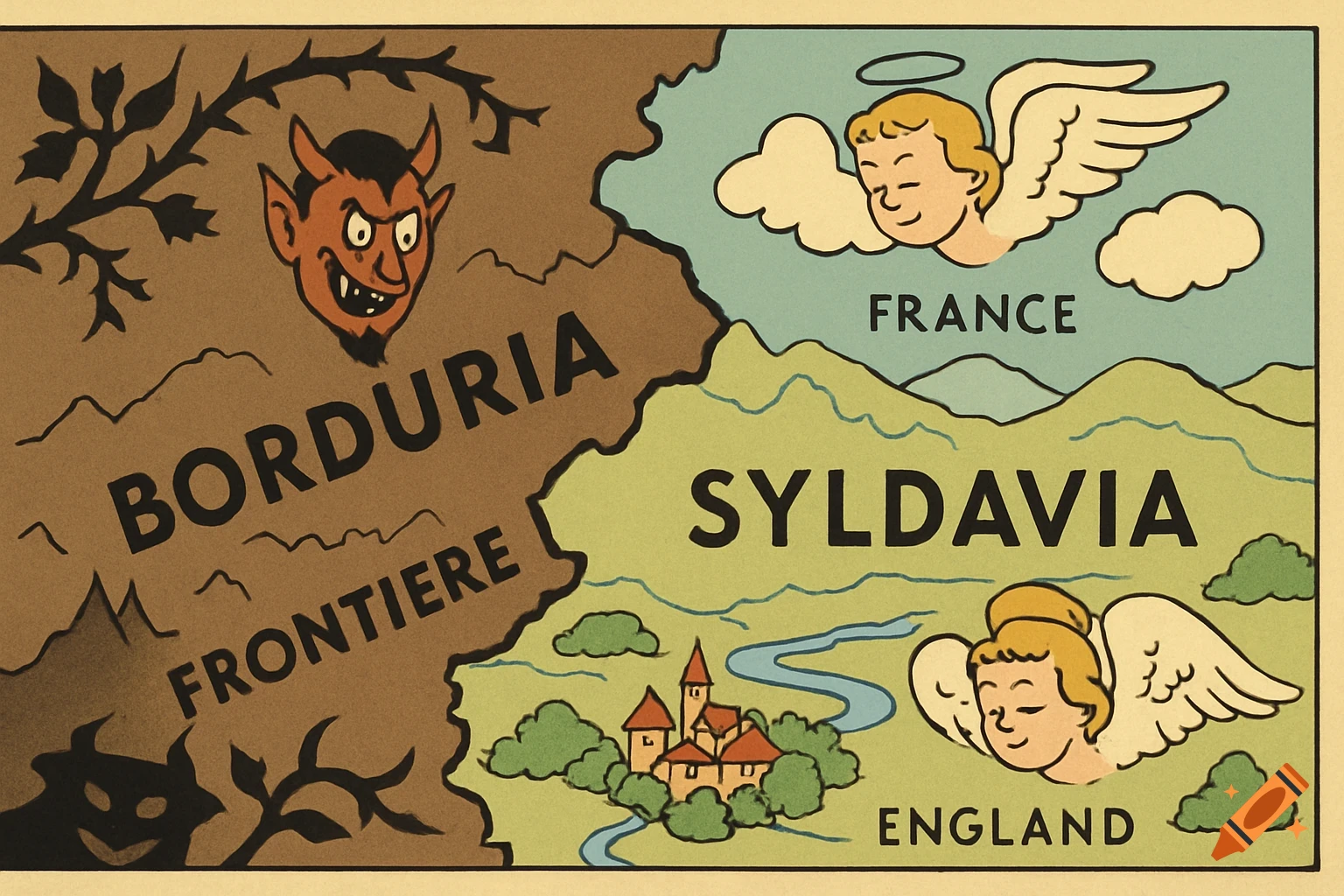 A vintage-style map shows Borduria with a devil and thorny branches, and Syldavia with a castle and angels representing France and England.