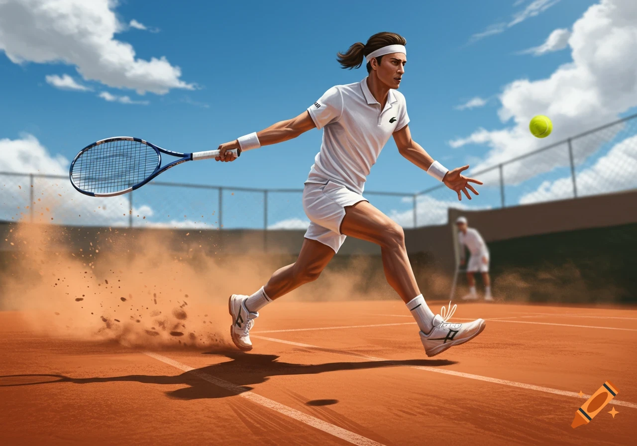 A male tennis player in white runs on a clay court, hitting a tennis ball with his racket.