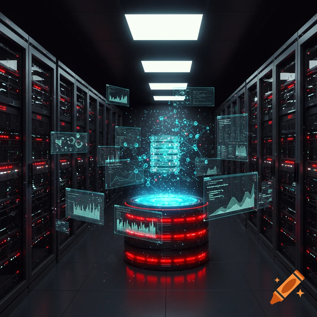 A futuristic server room with rows of data racks and a central glowing cylindrical database. Holographic screens display various data visualizations and network connections.