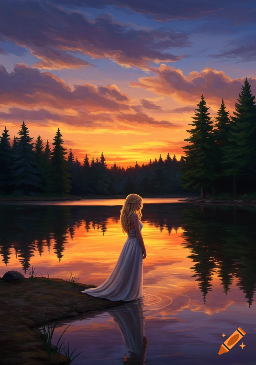 A blonde woman in a white dress stands in a lake at sunset, surrounded by pine trees, in a vibrant painterly style.