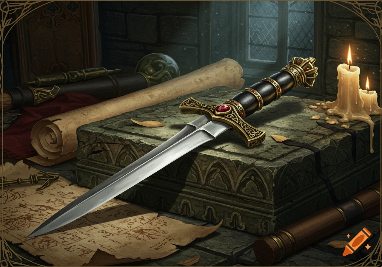 An ornate medieval dagger with a jeweled hilt lies on a stone surface among old scrolls and lit candles.