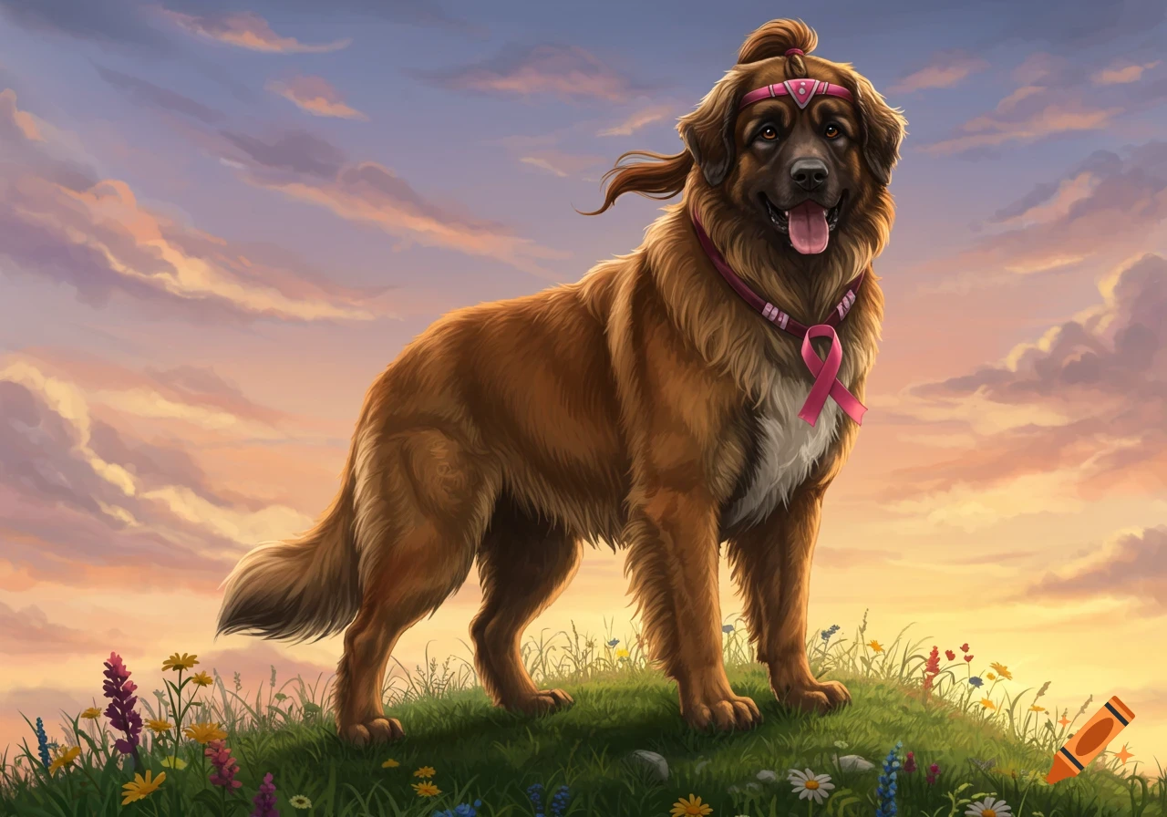 A noble Leonberger dog in a warrior headband and pink ribbon stands on a grassy hill at sunset, digital painting.