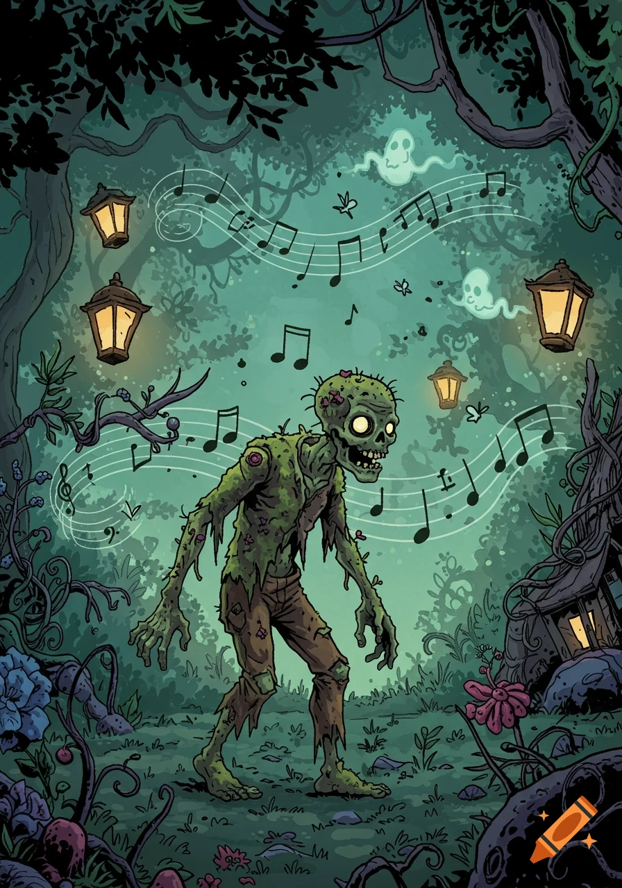 A cartoon zombie with glowing eyes walks through a spooky forest at night, surrounded by musical notes, floating ghosts, and glowing lanterns.