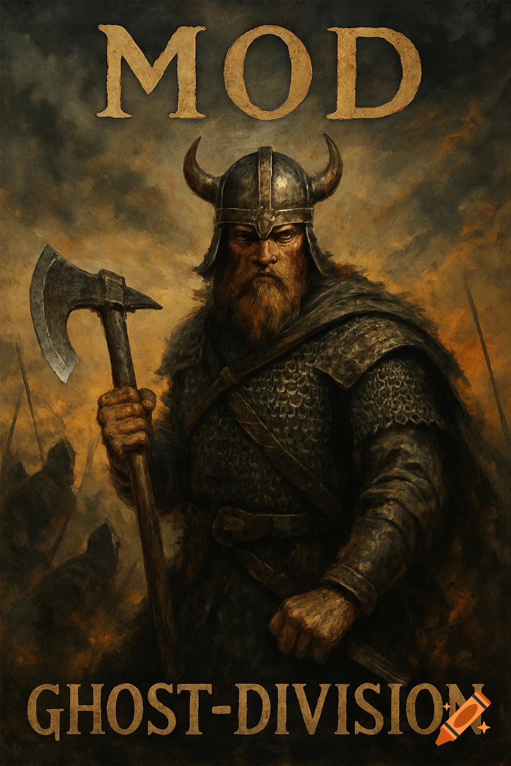 Viking warrior in horned helmet and chainmail holds an axe. Smoky battlefield background. Text 'MOD' and 'GHOST-DIVISION'. Digital painting.