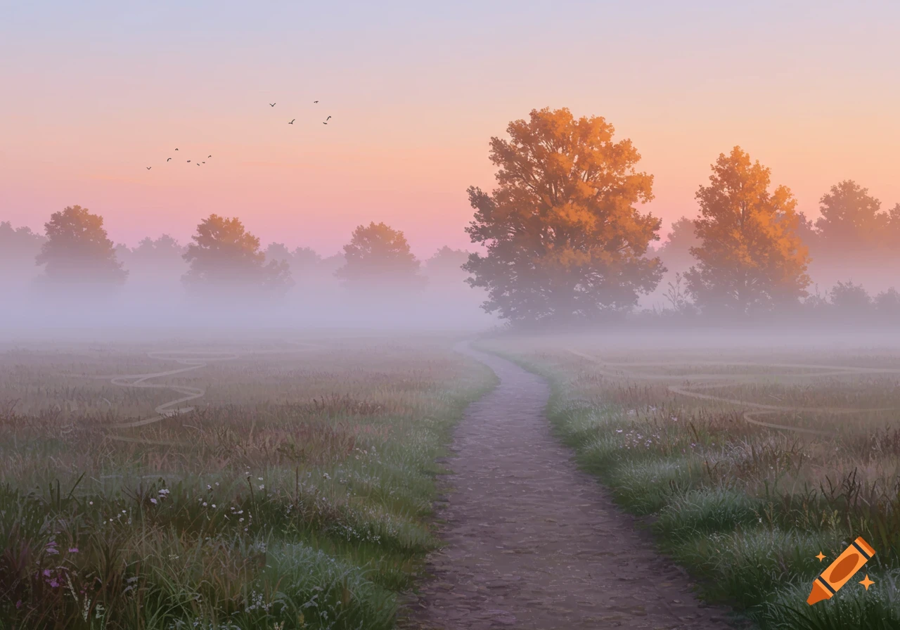 Misty morning landscape with a winding path, warm-toned trees, and a gradient sky.