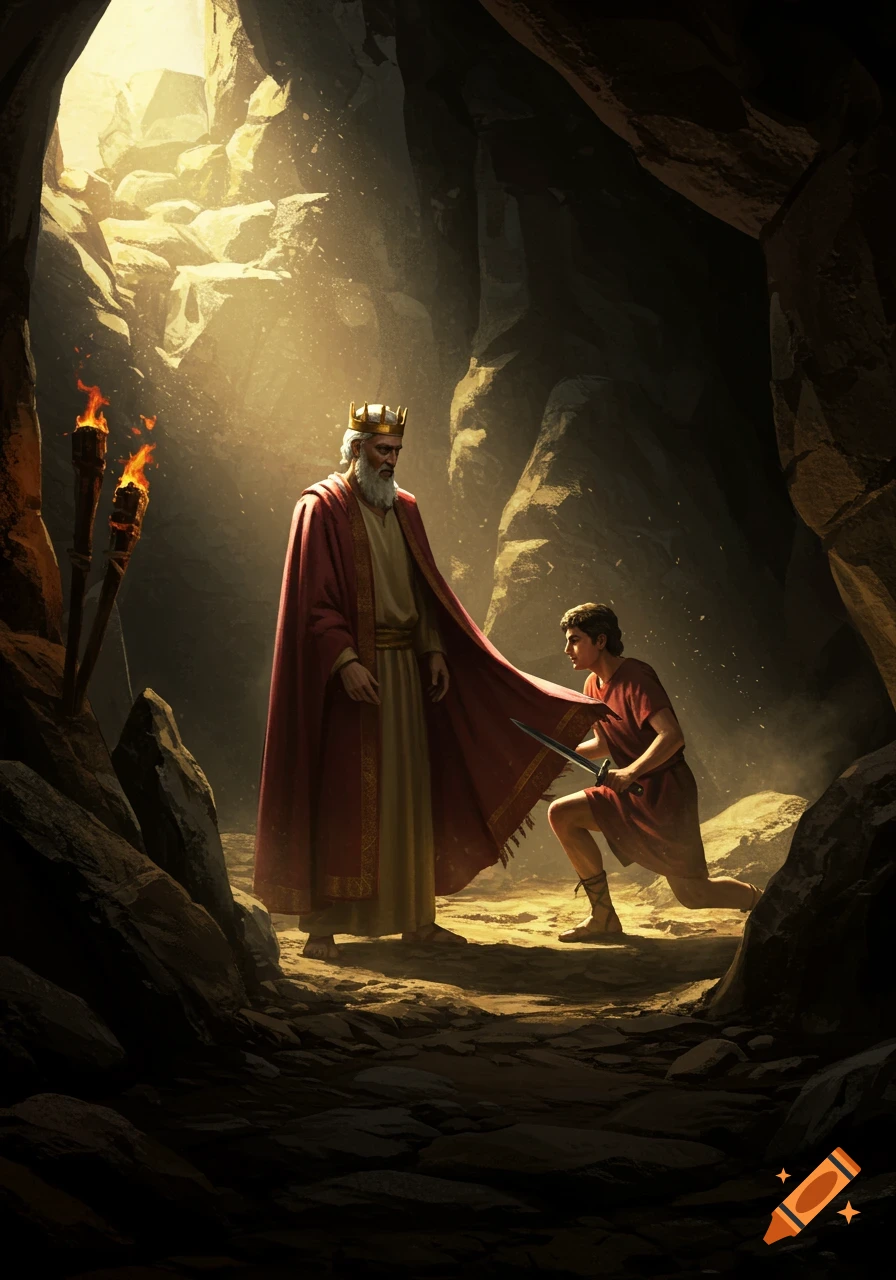 An old king in a red robe stands in a dark cave as a younger man, kneeling, secretly cuts his cloak with a sword. Light streams from above.