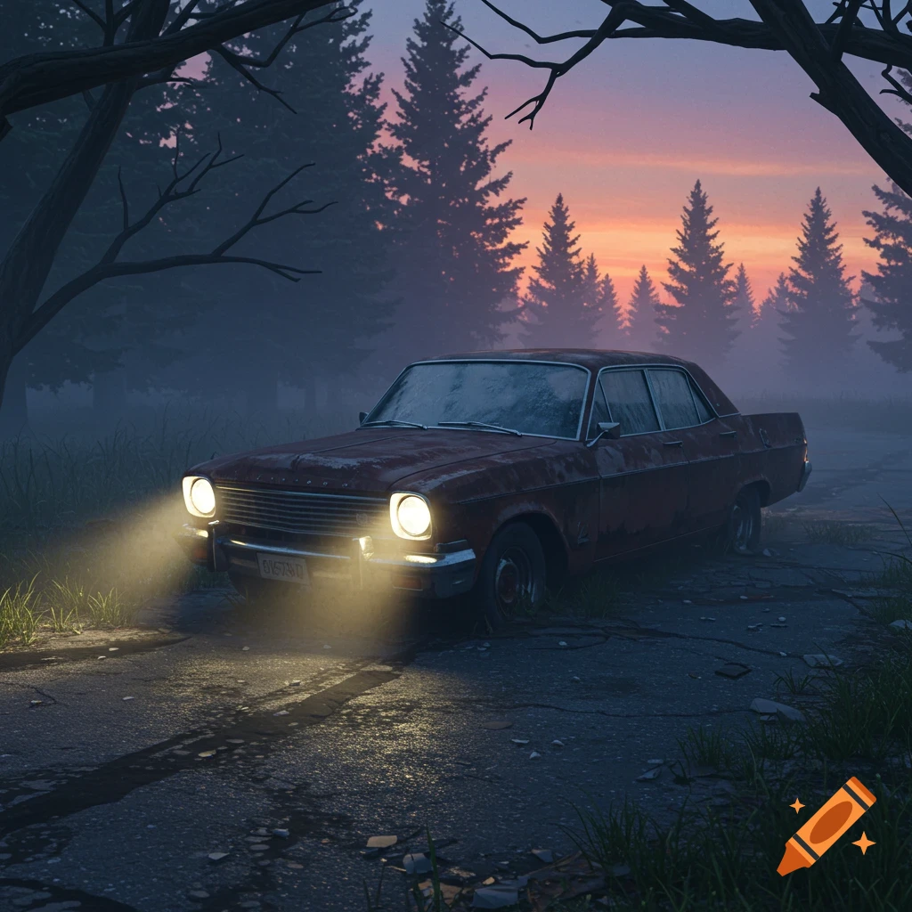 A rusty vintage car with bright headlights on a cracked road in a foggy forest at sunset.