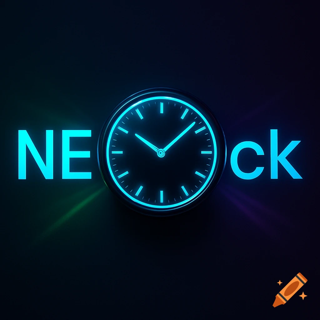 Glowing cyan 'NEOclock' with an analog clock face replacing the 'O', against a dark background in a digital style.