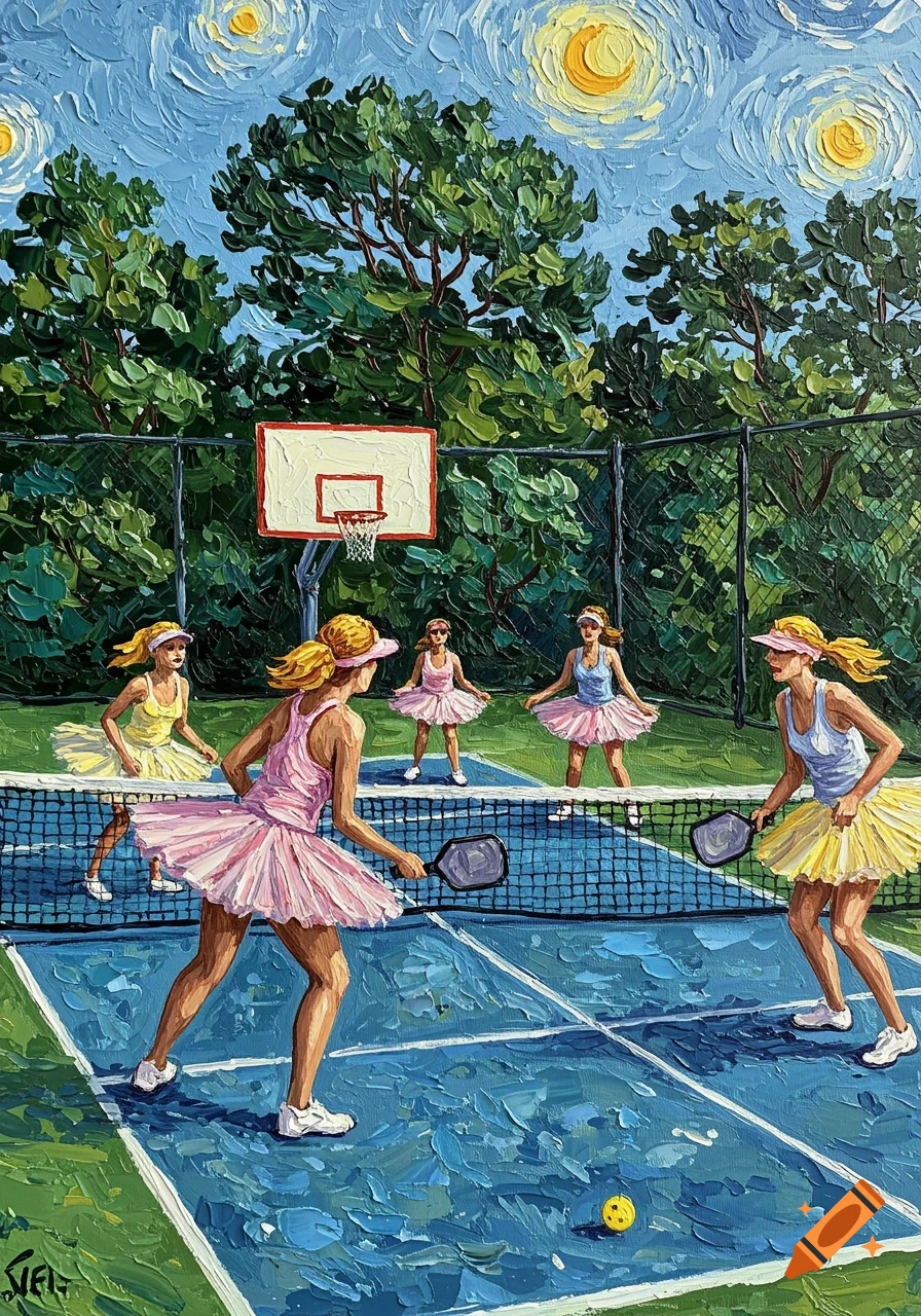 Van Gogh style painting of women in colorful tutus playing pickleball on a court with a basketball hoop and trees under a swirling sky.