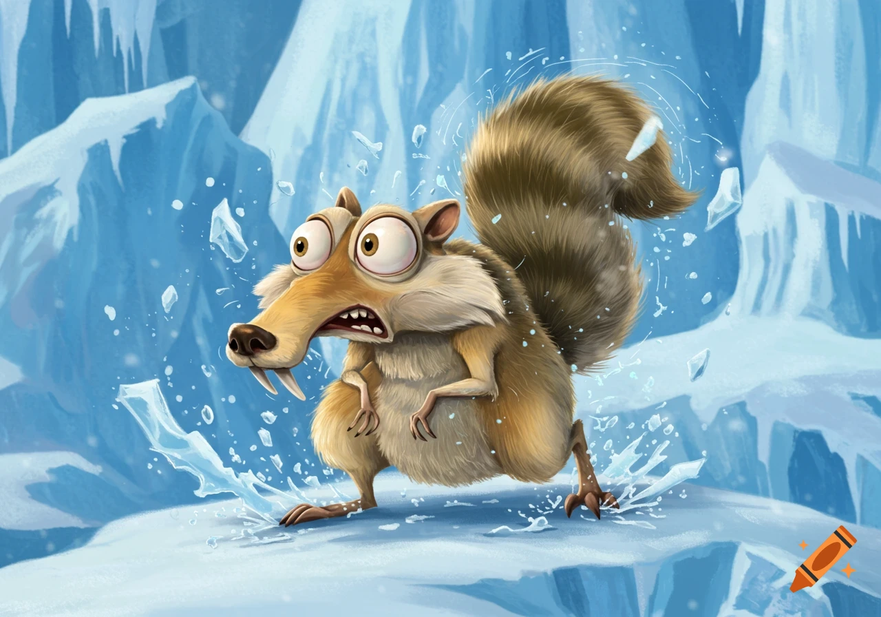 Scrat from Ice Age looks panicked as ice splashes around him on a snowy, icy landscape.