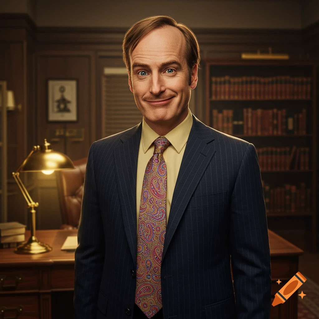 Photorealistic portrait of Saul Goodman smiling in a pinstripe suit and patterned tie, standing in an office with a desk and bookshelves.