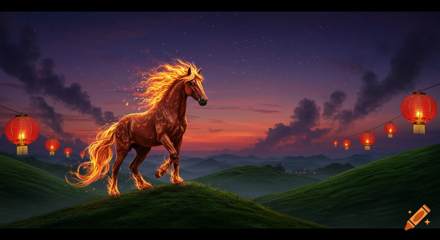 A vibrant fire horse with a fiery mane and tail runs across green hills under a starry twilight sky with red Chinese lanterns.