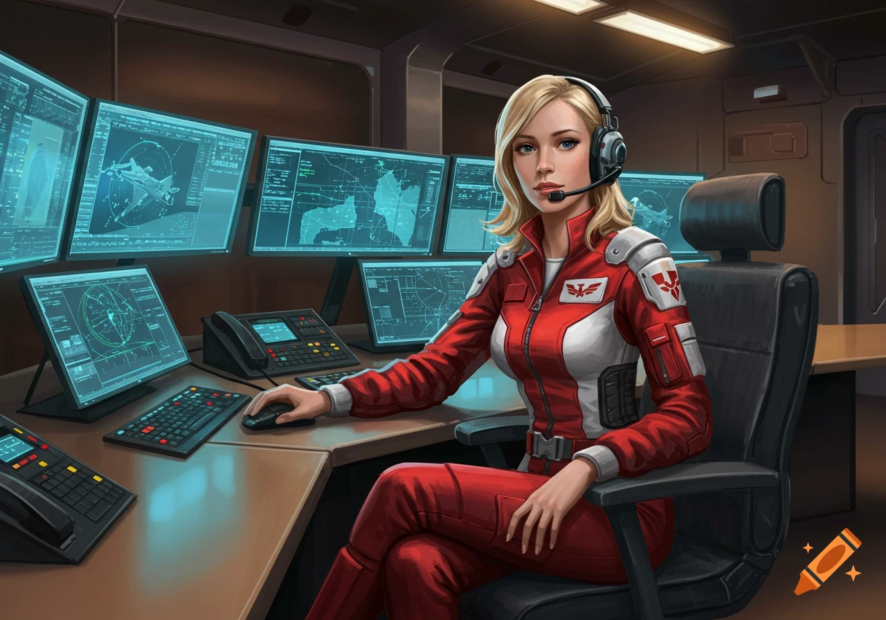 A blonde woman in a red and white jumpsuit wears a headset, sitting at a control desk with multiple glowing monitors.