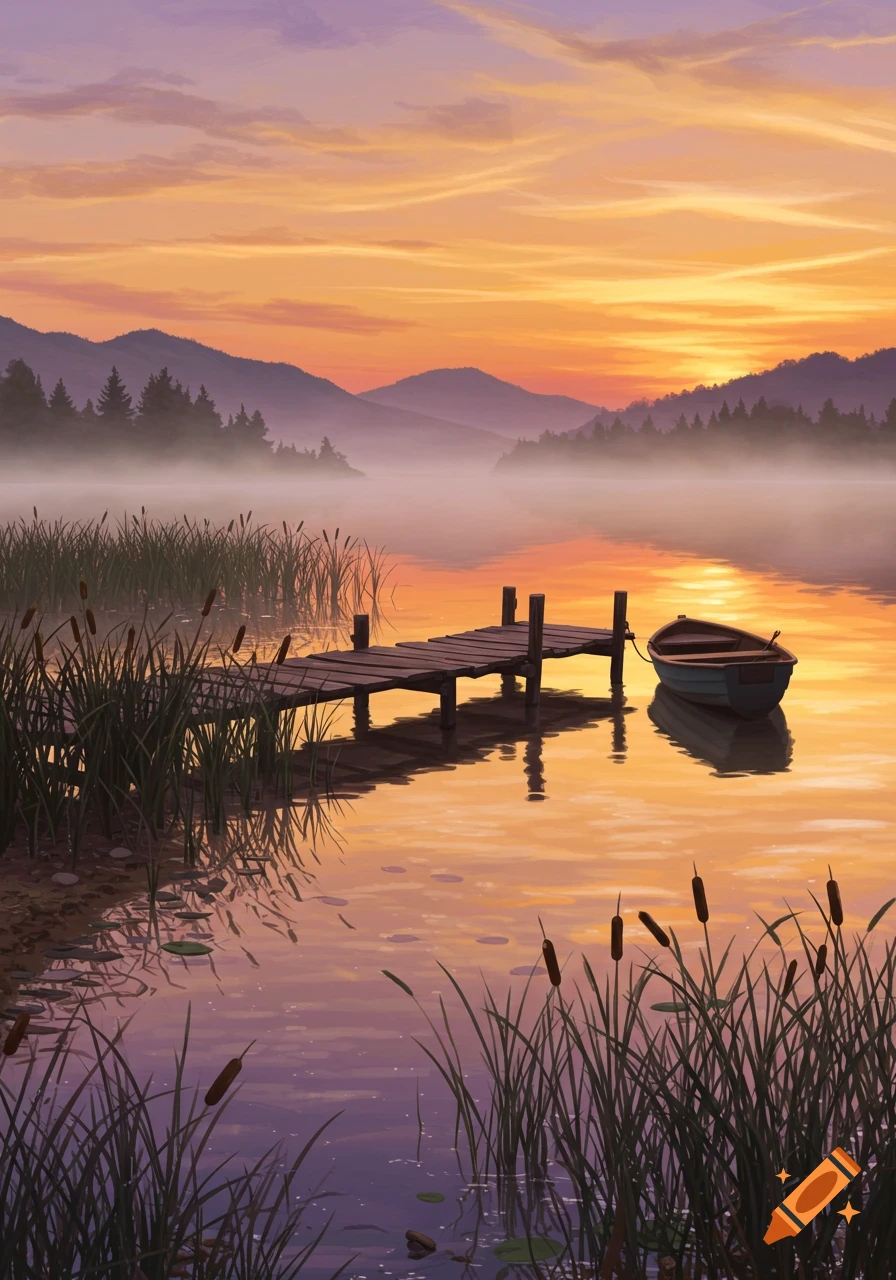 An illustrative landscape of a misty lake at sunset with a wooden dock and a small boat, surrounded by mountains and tall grass.