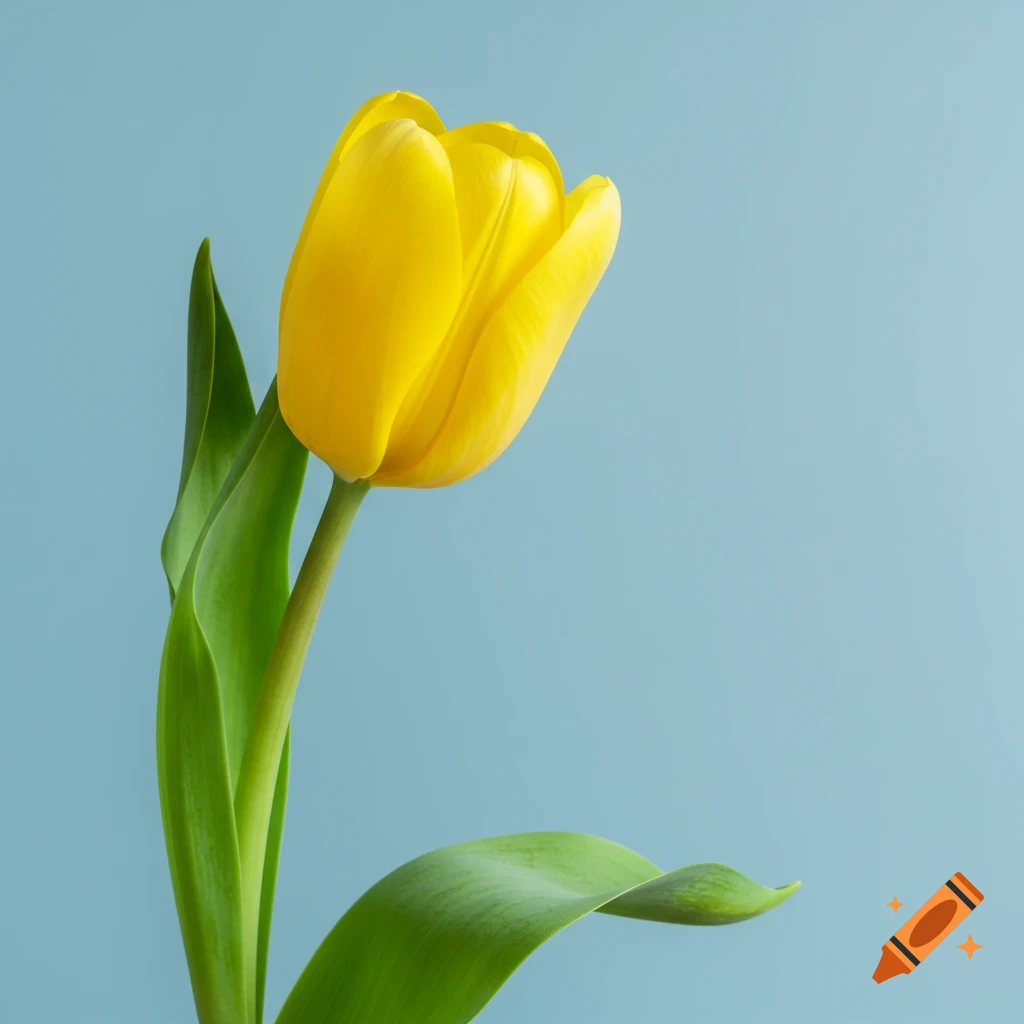 A minimalistic close-up of a bright yellow tulip with green leaves against a light blue background.