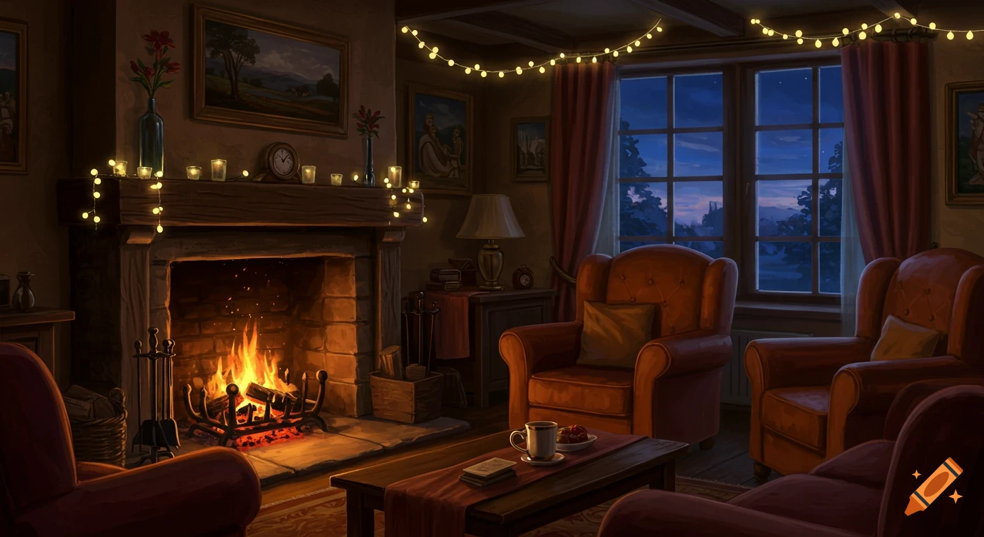 Cozy living room illustration with a roaring fireplace, armchairs, string lights, and a window displaying a night scene.