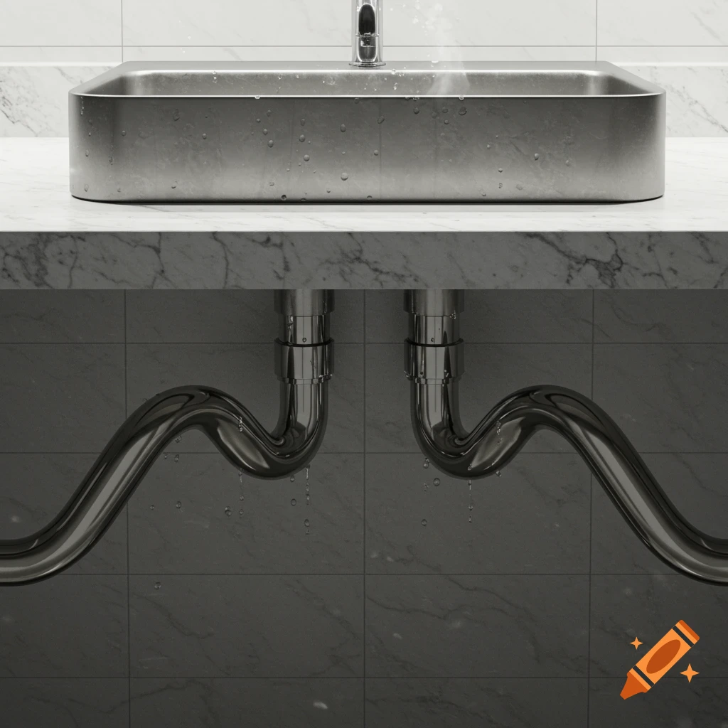 A modern stainless steel sink with water dripping from the faucet and two chrome pipes underneath showing water leaks against a marble wall.