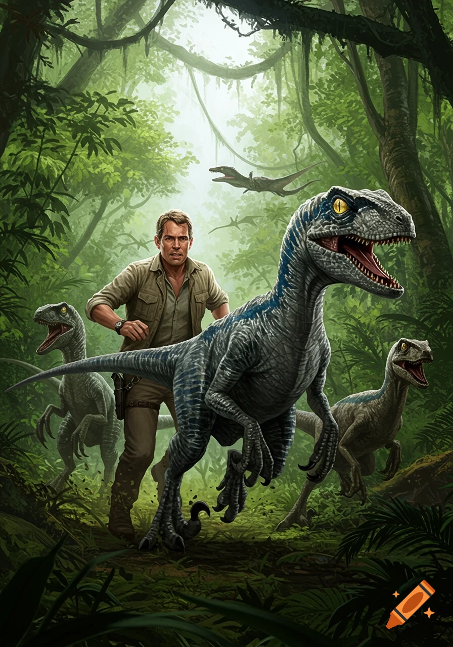 Illustrated scene of Owen Grady and Blue the Velociraptor dashing through a dense jungle with a pack of raptors.