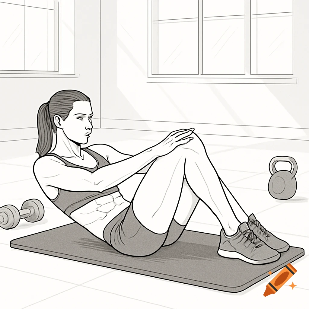 Line art illustration of a woman doing crunches on a mat, with a dumbbell and kettlebell nearby.