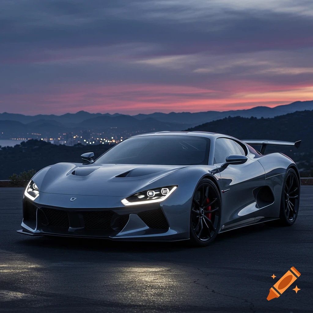A sleek silver hyper car with glowing headlights parked on a road at dusk, with mountains and city lights in the background.