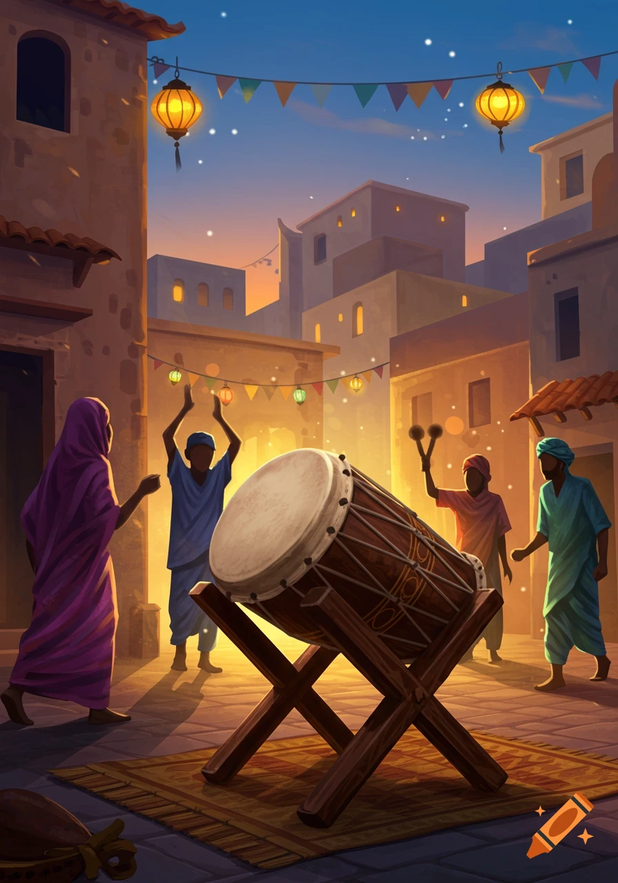 An illustrative night scene in a town, with people in traditional clothes around a large drum, illuminated by lanterns and string lights, celebrating.