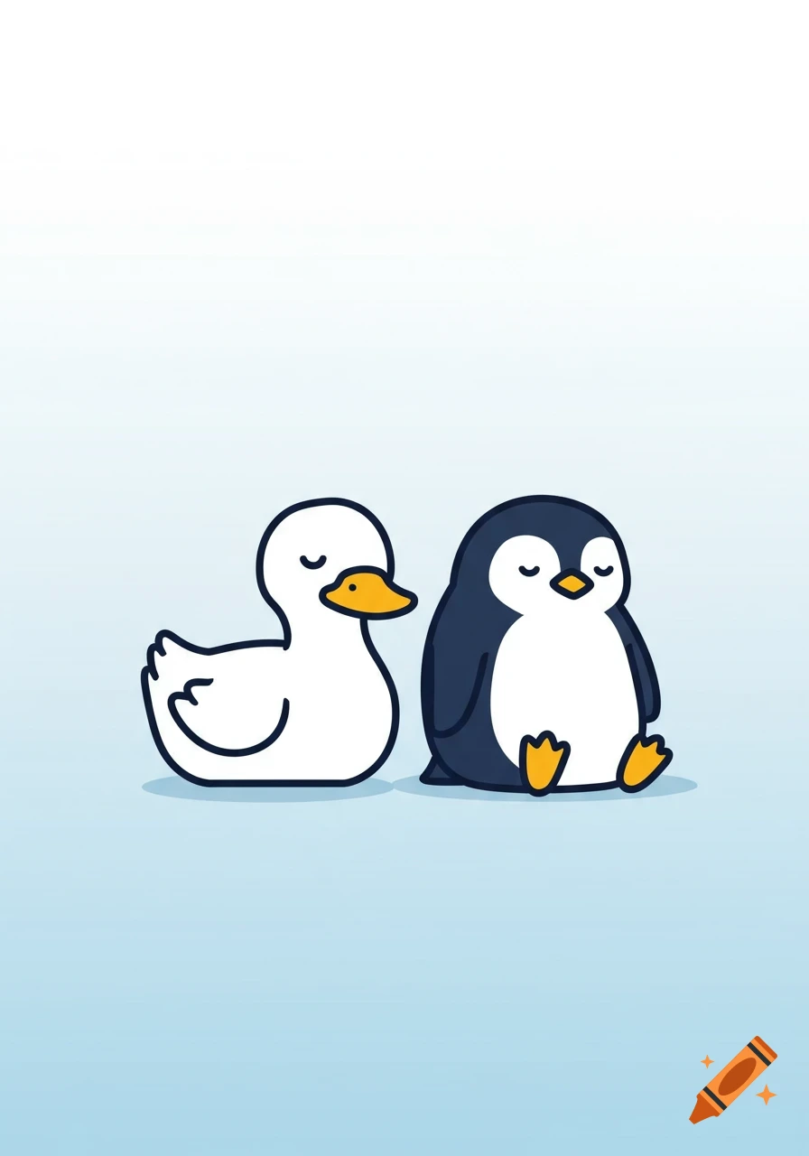 A cute cartoon white duck and a black and white penguin sitting side-by-side with their eyes closed on a light blue background.