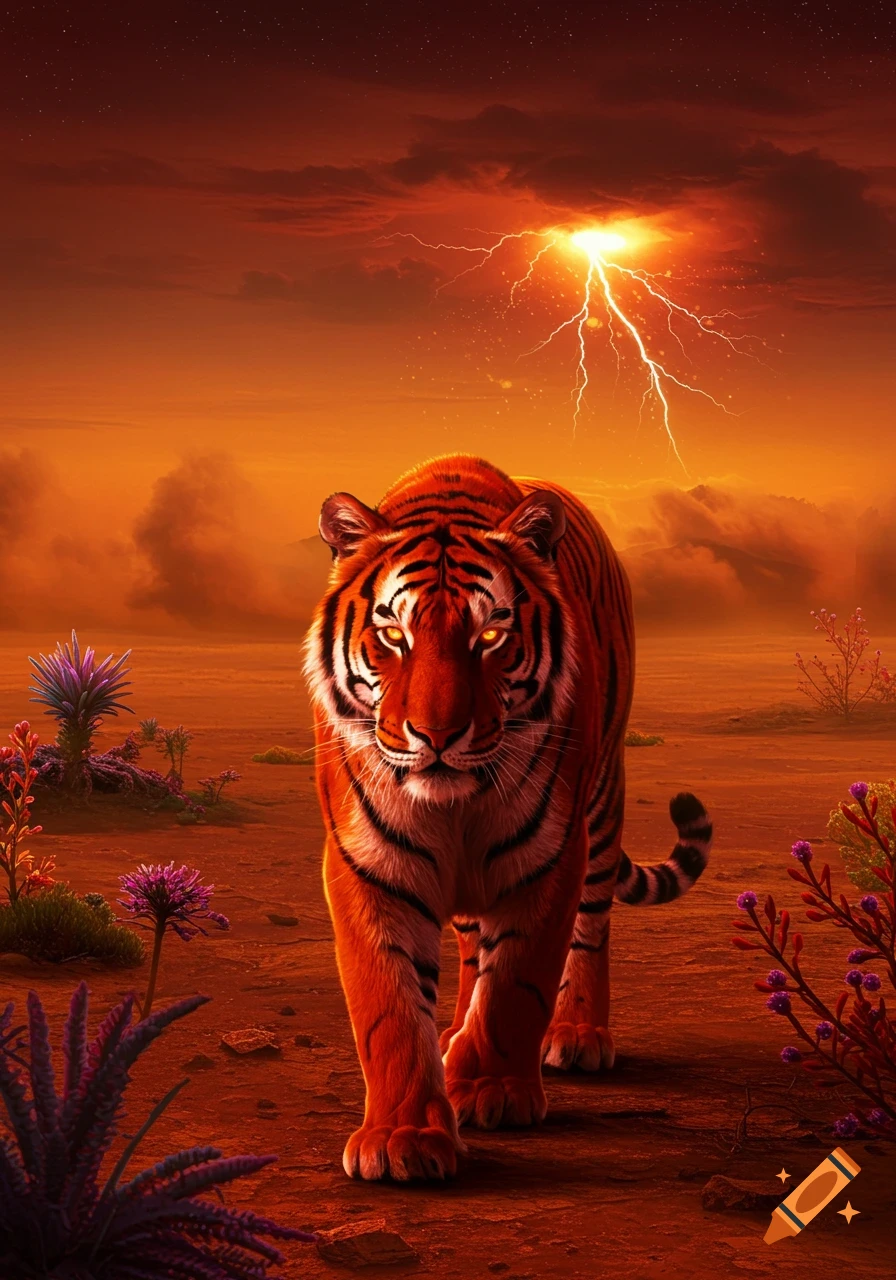 A majestic tiger with glowing eyes walks across a desolate Martian landscape under a stormy, lightning-filled orange sky.