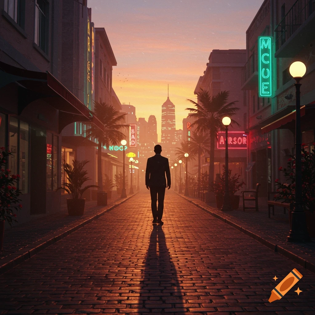 A silhouetted man walks on a cobblestone street lined with neon-lit buildings and palm trees at sunset.