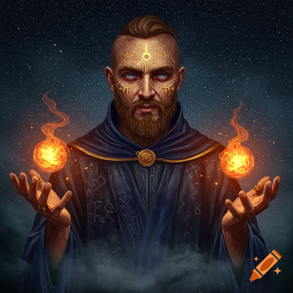 A fantasy portrait of a bearded magician with gold facial tattoos and blue eyes, holding two fiery orbs, against a starry sky.