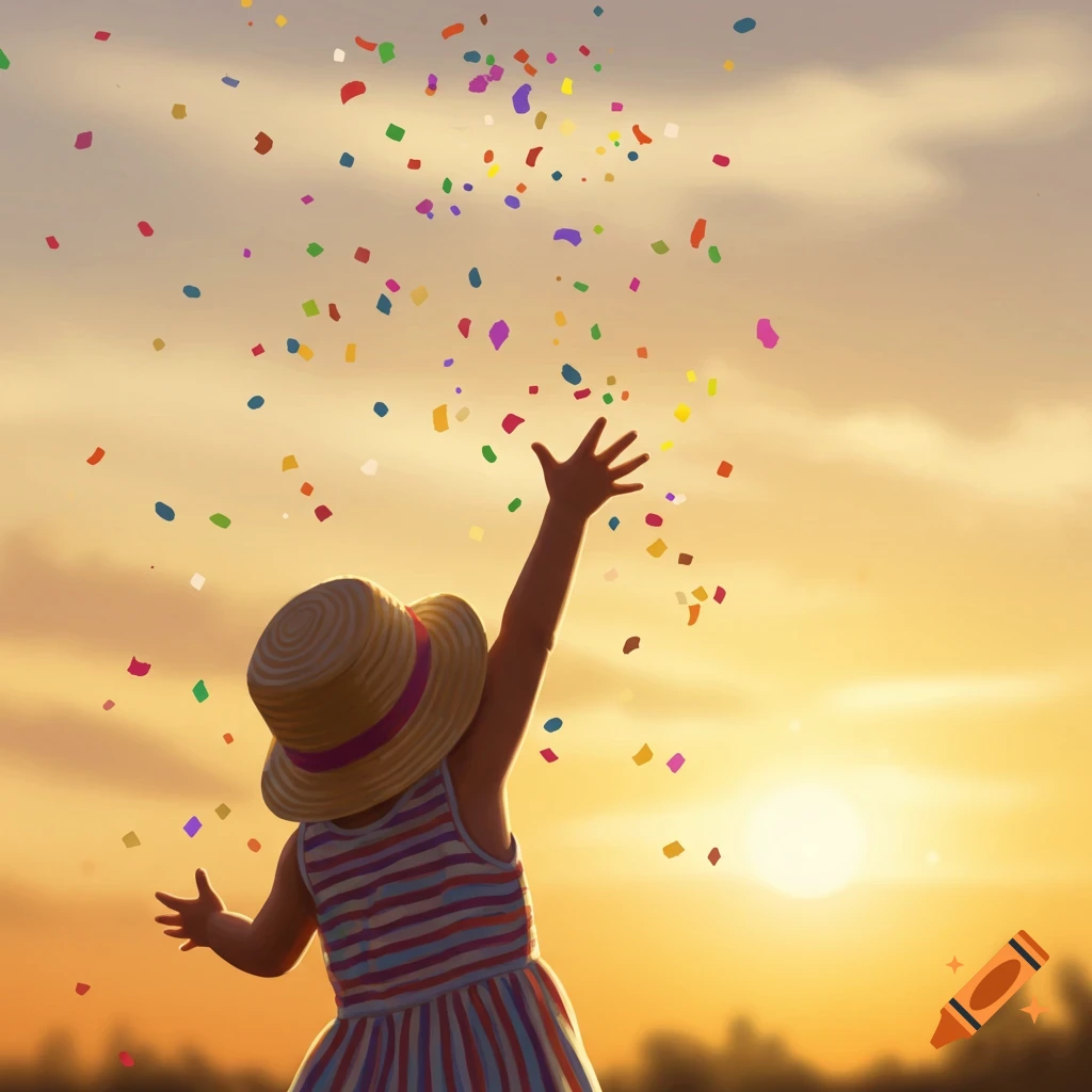 Illustrated backview of a child in a straw hat throwing colorful confetti into a golden sunset sky.