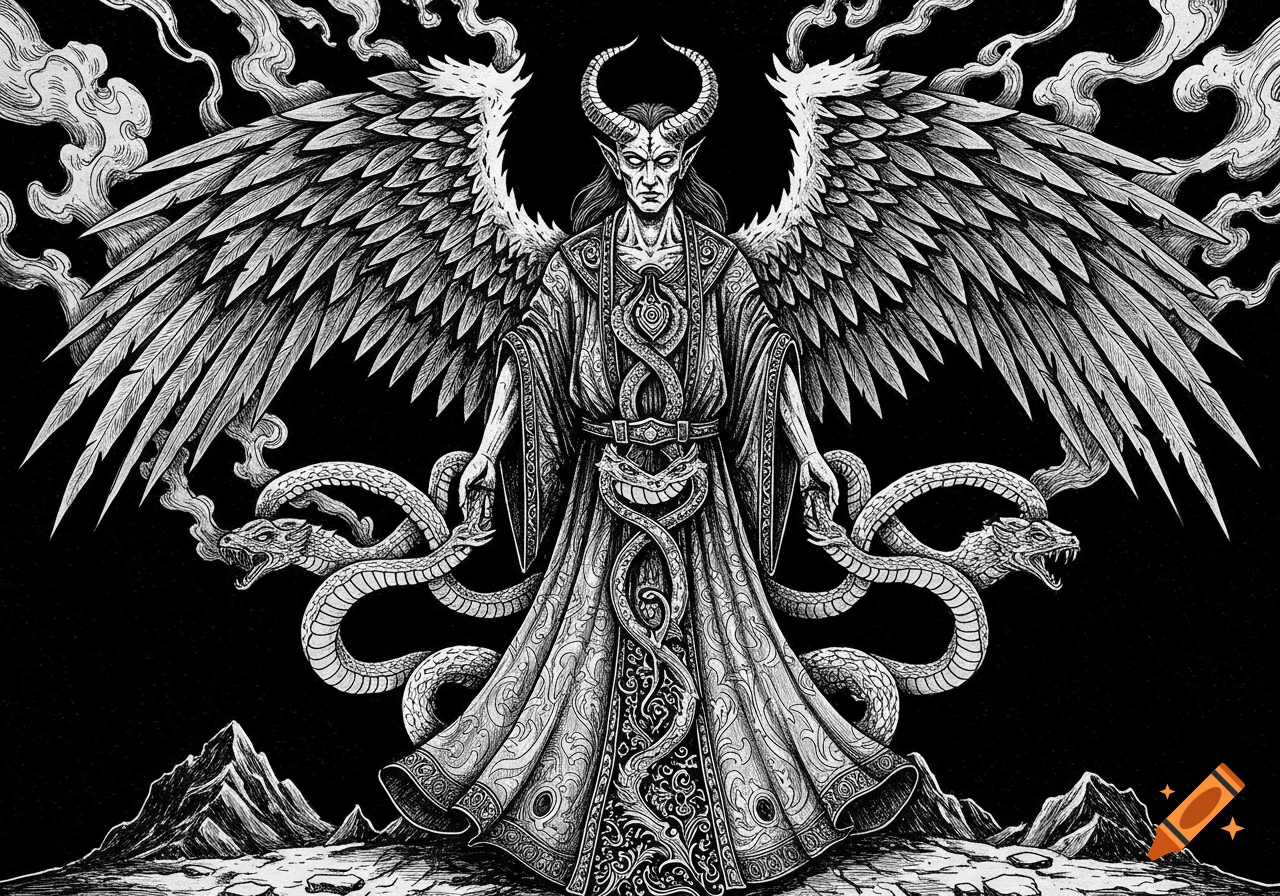 Detailed black and white illustration of a winged, horned demonic figure in an ornate robe, holding snakes, with smoke and mountains.