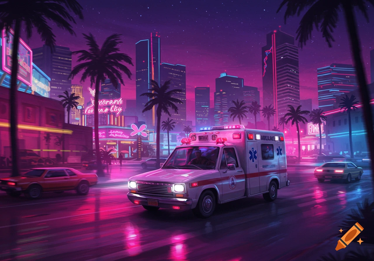 An ambulance drives down a neon-lit street in a retro-futuristic city at night, with palm trees and tall buildings in the background.