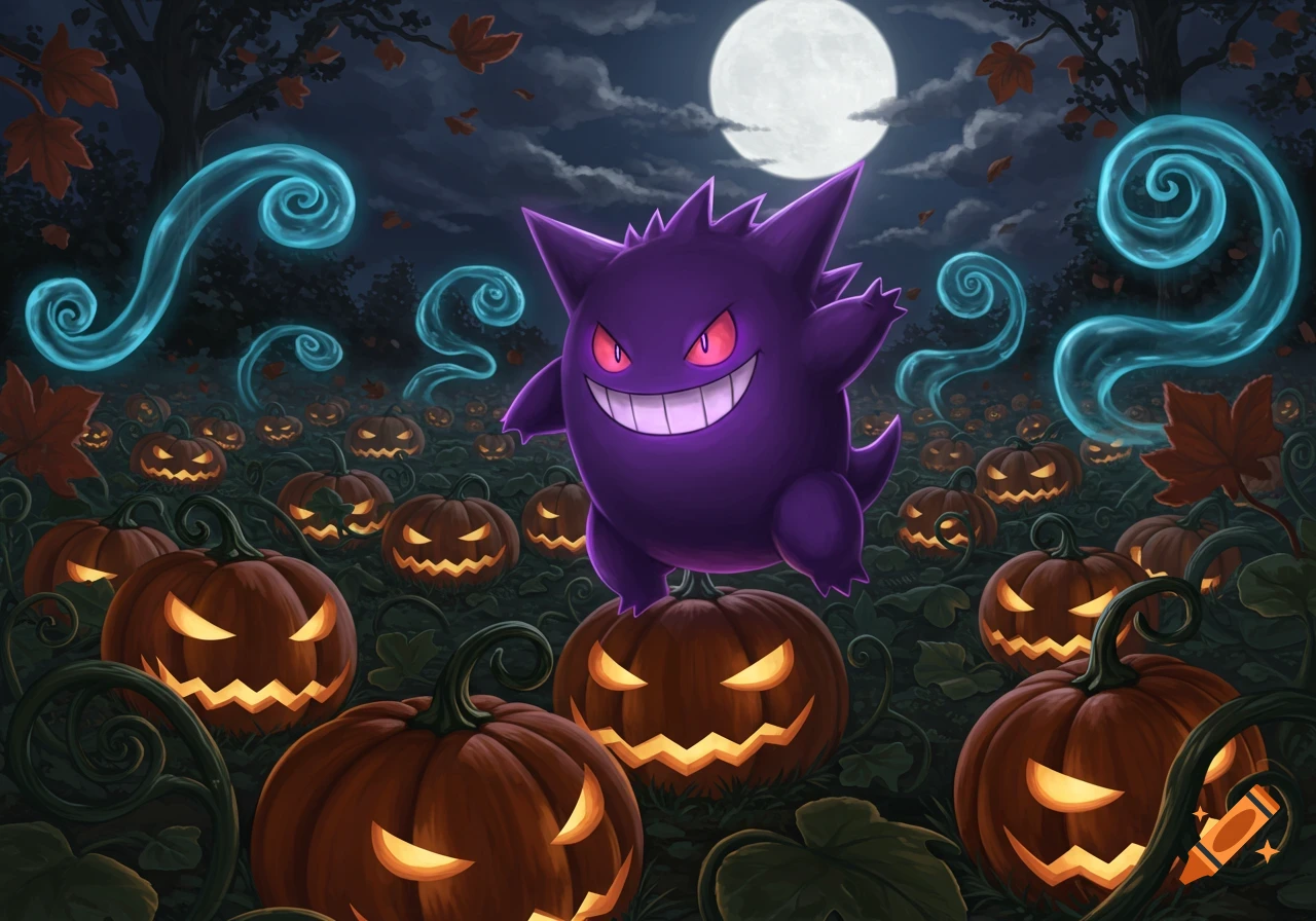 A grinning purple Gengar stands on a lit jack-o'-lantern in a dark, Halloween-themed pumpkin patch under a full moon with blue wisps.