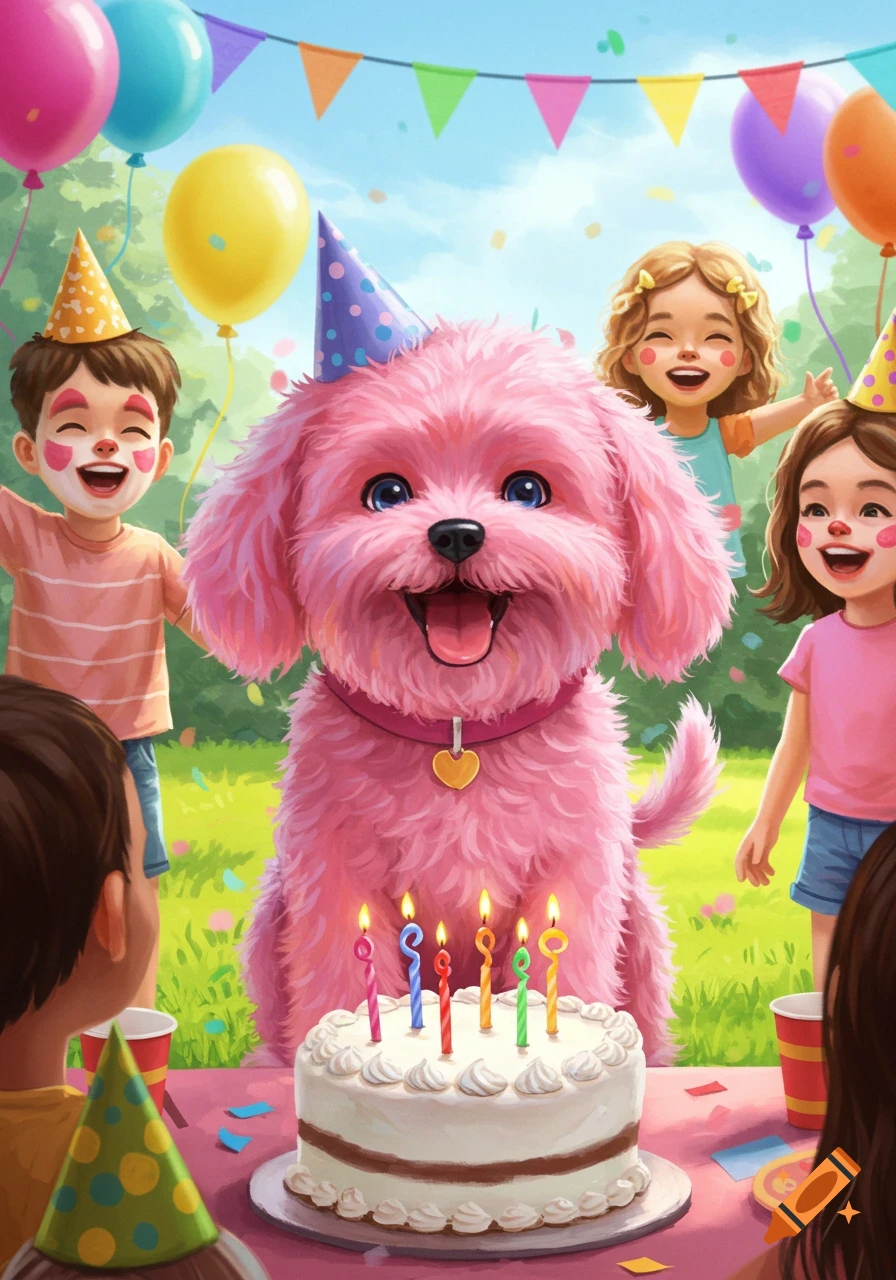 A fluffy pink dog in a party hat sits with a birthday cake and lit candles, surrounded by smiling children at a colorful outdoor party.