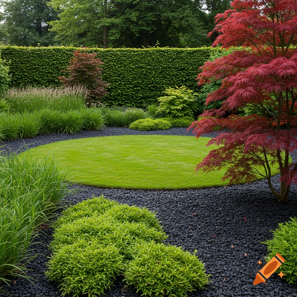 A beautifully manicured garden with a circular green lawn, black pebbles, lush grasses, shrubs, a red Japanese maple, and a dense green hedge.