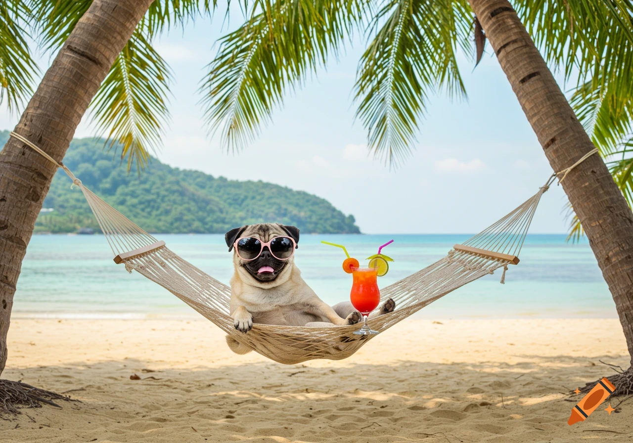 A cute pug wearing sunglasses relaxes on a hammock on a tropical beach with a cocktail, palm trees, and turquoise water. Photorealistic.