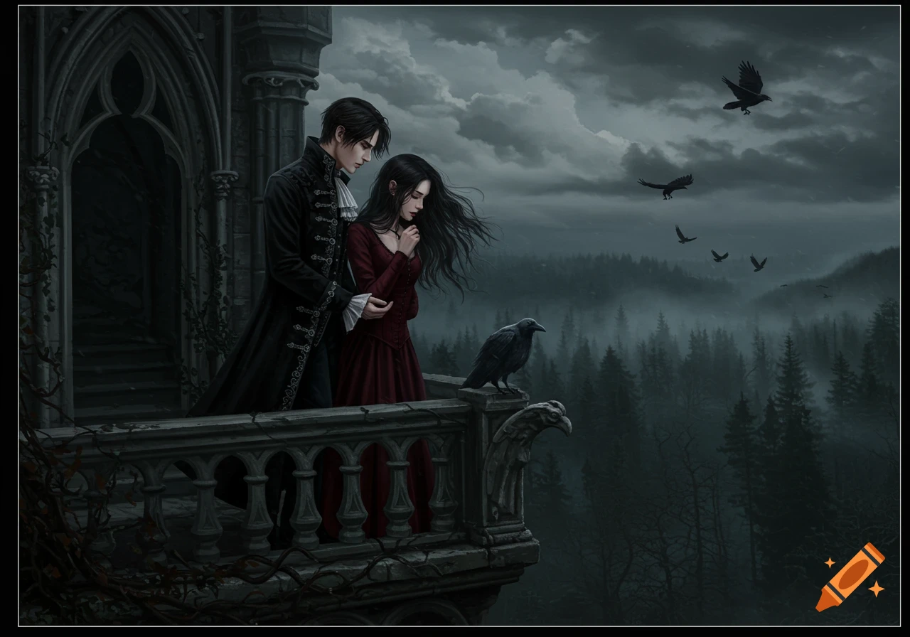 A gothic couple and a raven stand on a castle balcony overlooking a dark, foggy forest with flying crows. Dark fantasy art.