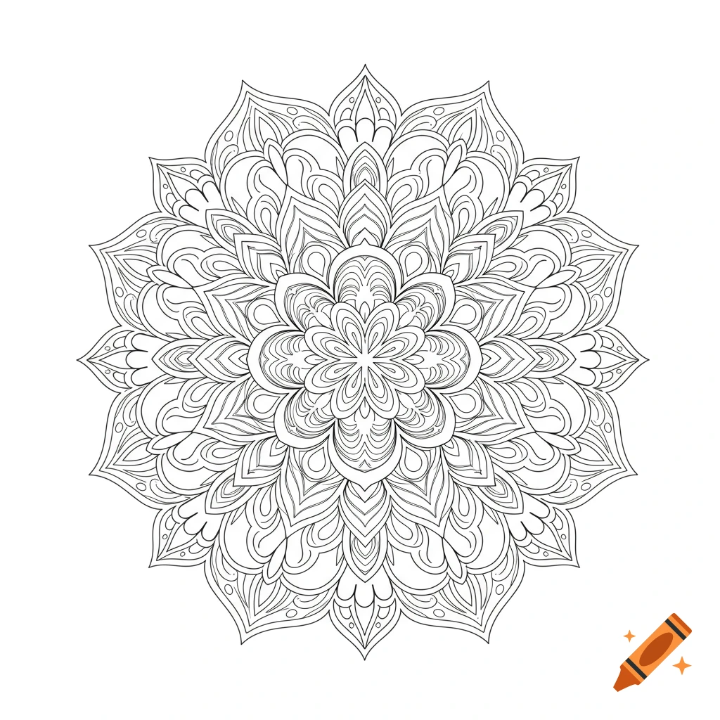 Intricate black-and-white line art mandala pattern on a white background, coloring book style.