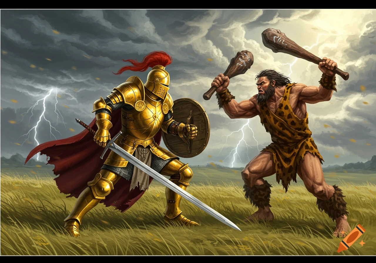 A golden knight in full armor and a red plume fights a muscular caveman wielding two clubs, under a stormy sky with lightning.