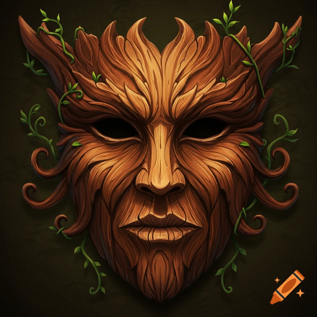 A detailed wooden mask carved like a stylized face, adorned with green leafy vines, against a dark background.