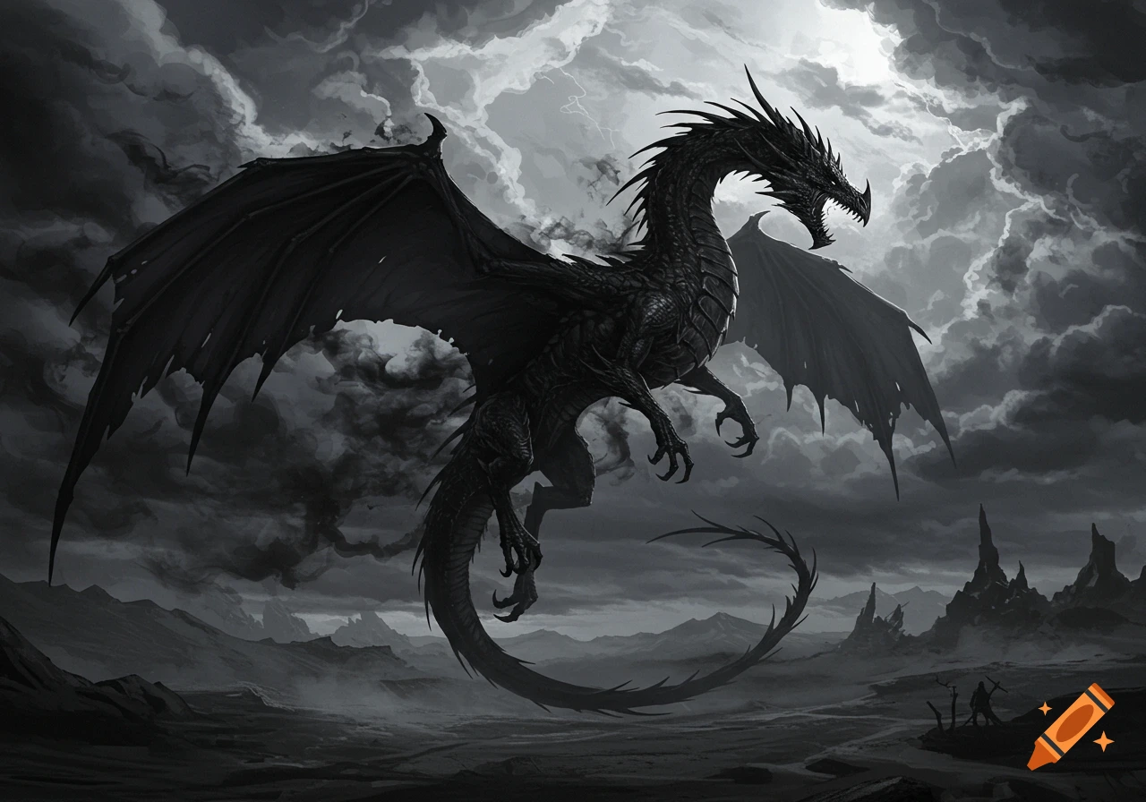 A menacing black winged dragon flies through a stormy, cloud-filled sky over a desolate, rocky landscape in grayscale.