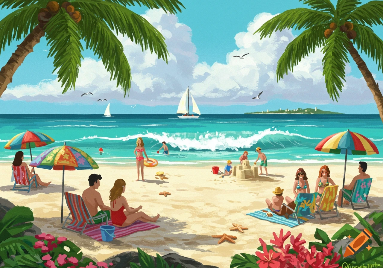 A vibrant illustration of people enjoying a sunny tropical beach with palm trees, colorful umbrellas, ocean waves, and sailboats.