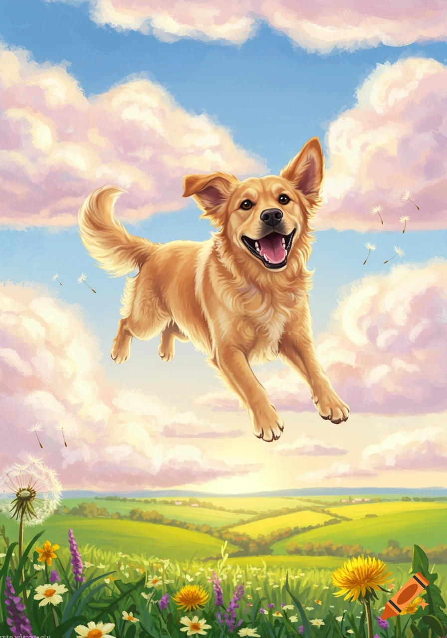 Happy golden retriever dog leaps joyfully through a vibrant sky above a green field filled with wildflowers, digital painting.