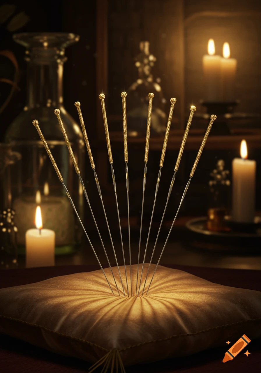 Golden acupuncture needles stuck into a soft pillow, surrounded by flickering candles in a dimly lit room.